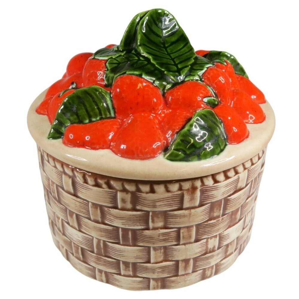 Vintage 1973 Ceramic Basket Canister – Strawberry Lid, Studio Pottery, Signed